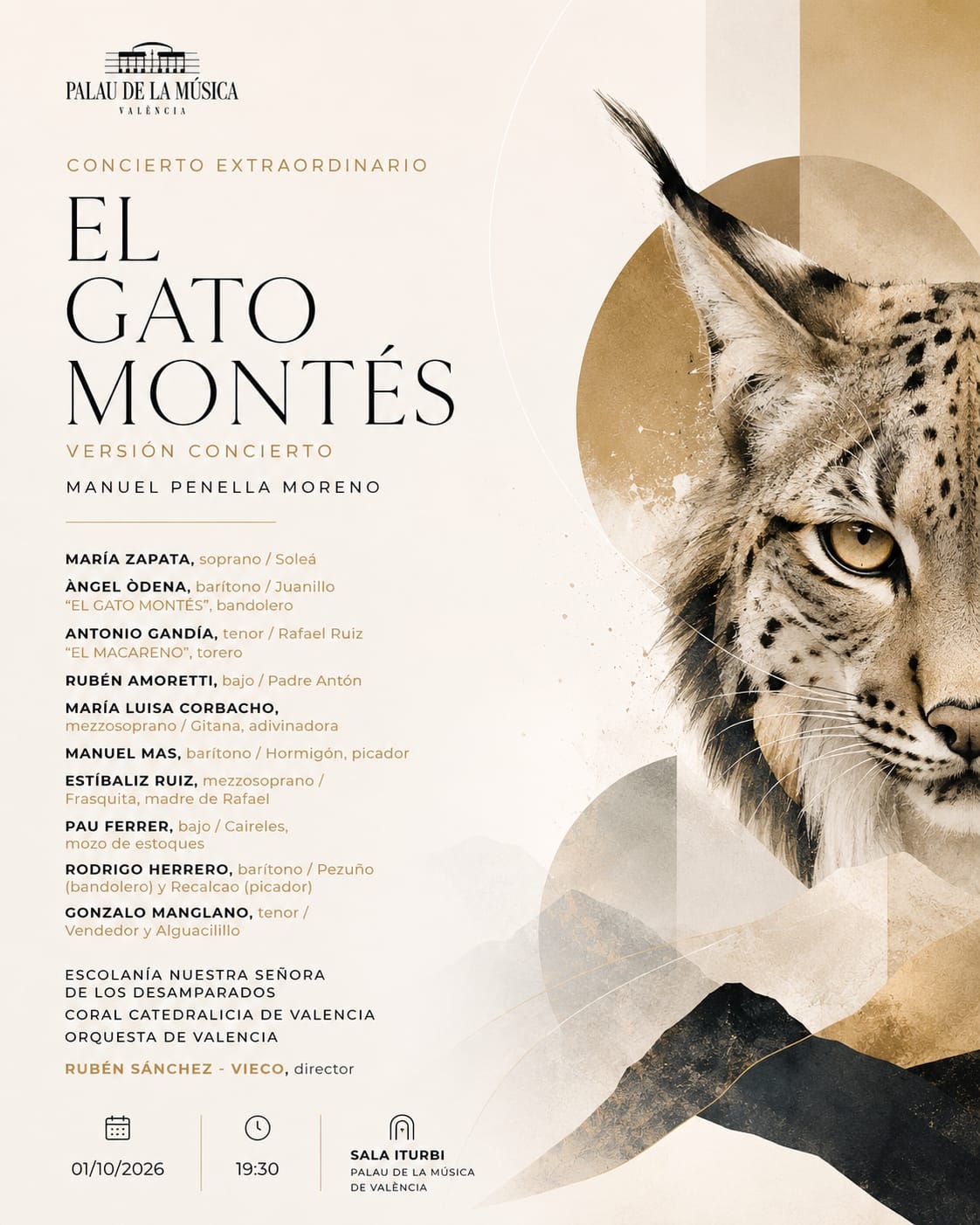Cartel del concierto El Gato Montés de Manuel Penella, versión concierto, 1 de octubre de 2026, Sala Iturbi del Palau de la Música de València
